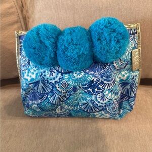 Blue & Gold Lily Pulitzer Patterned Cosmetic travel Bag with Pom Poms Brand New